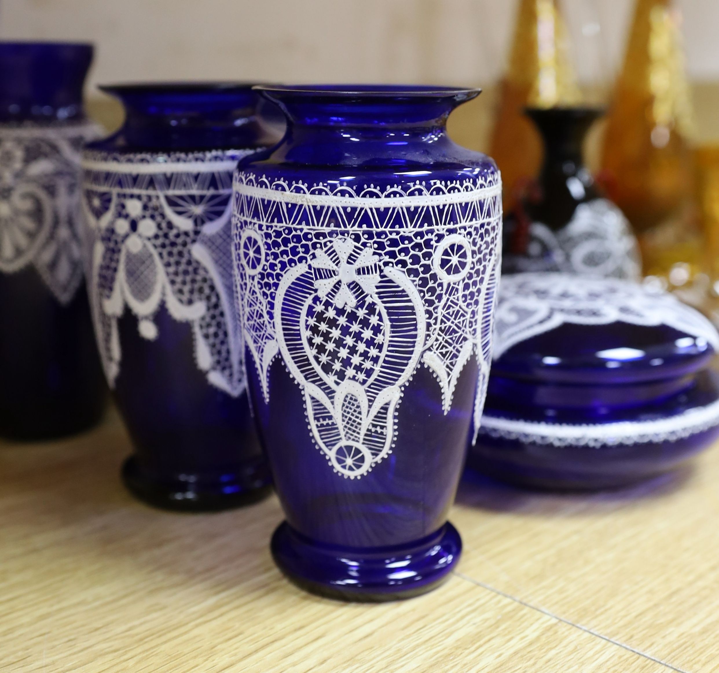 Selection of Venetian lace-pattern coloured glassware including an amber liqueur set